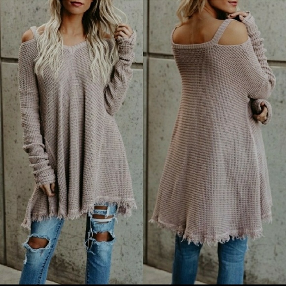 Threadzwear Sweaters - Raw Edge Cold Shoulder Sweater